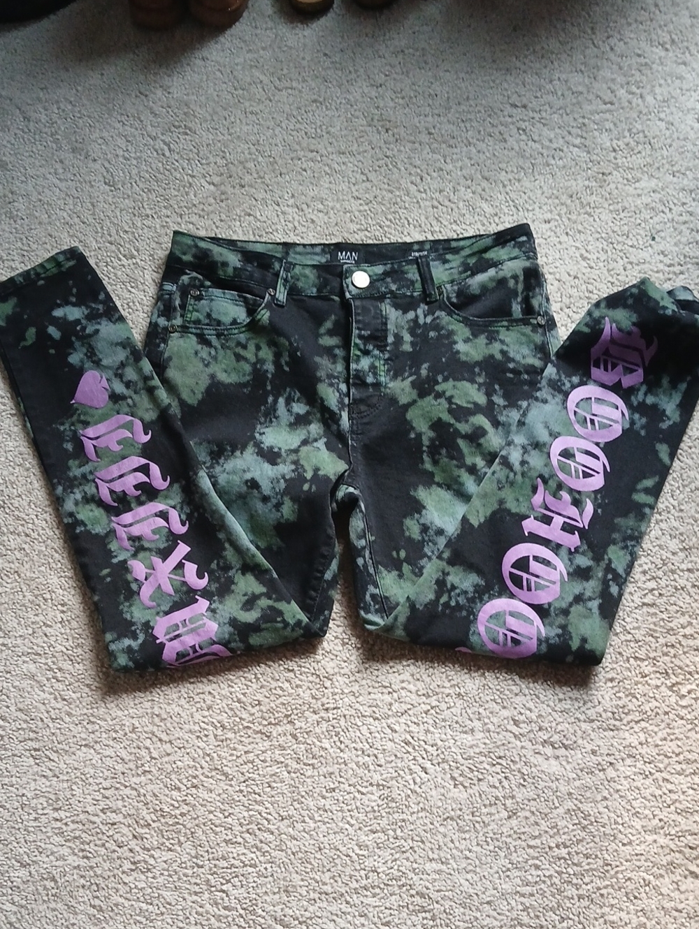 Green Tie-Dye Graphic Kids Jeans with Purple Lettering